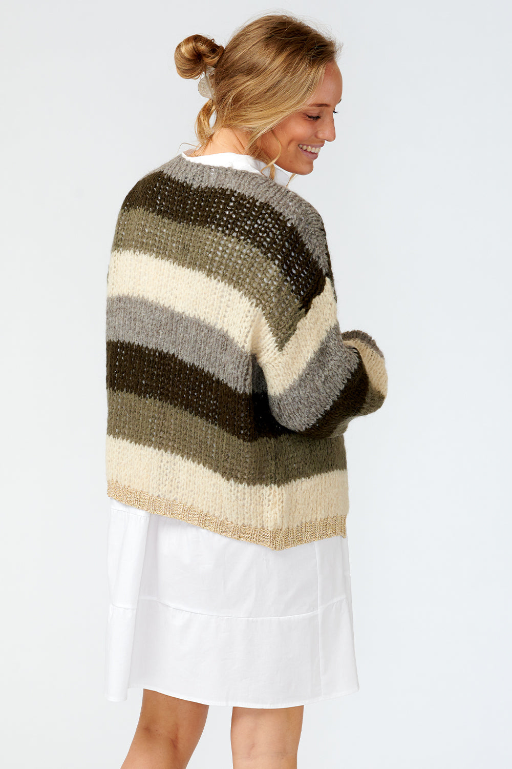 Kala Knit Cardigan Wool Light nature/olive stripes