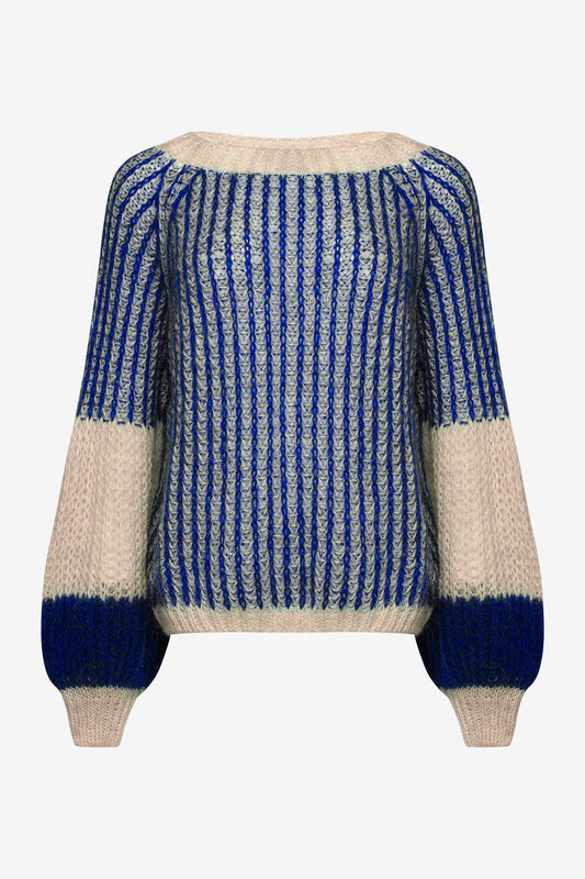 Noellas Liana Knit Sweater Cream/Cobalt Blue. Køb Striktrøjer hos www.noellafashion.dk