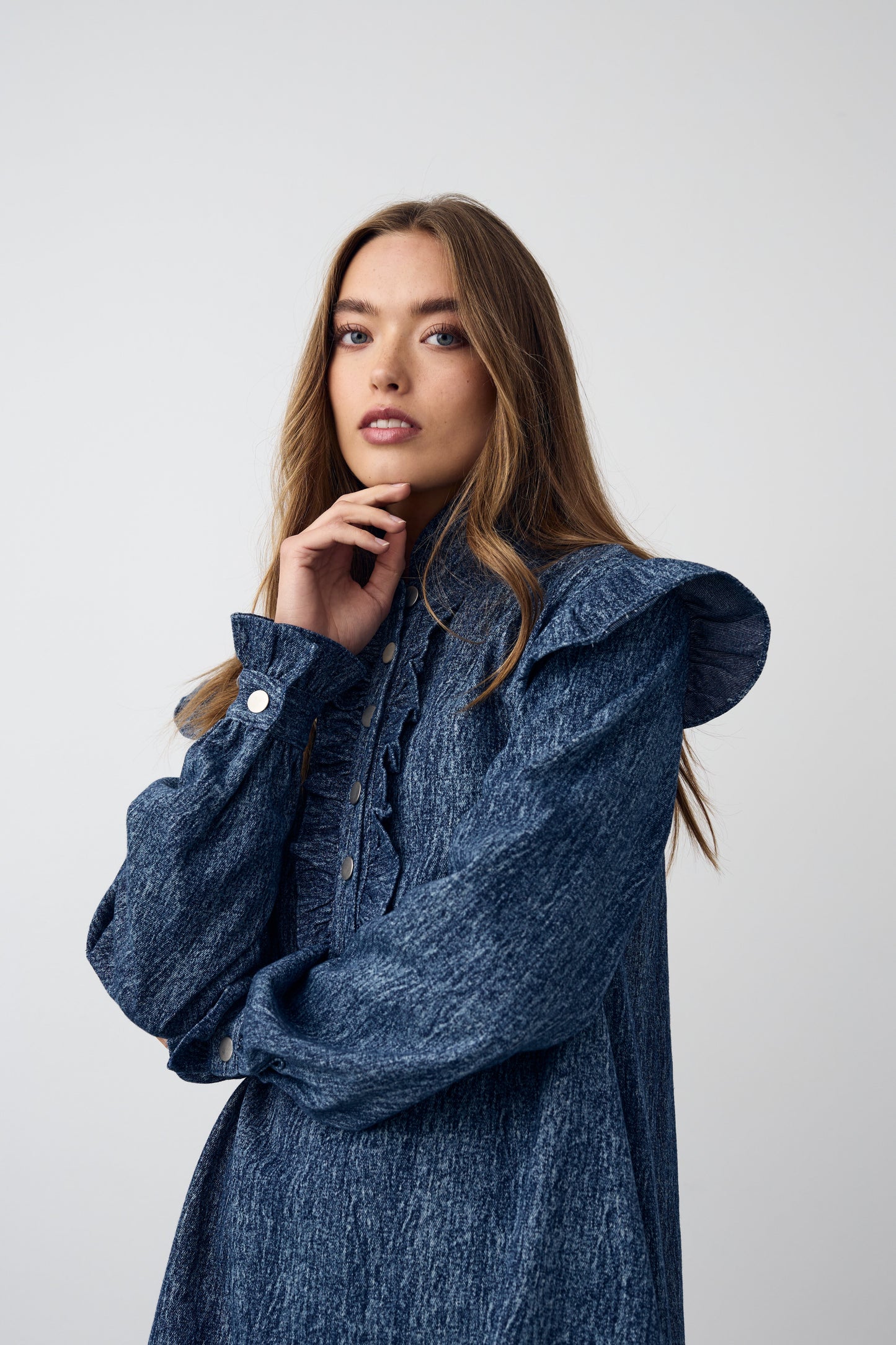Reno Ruby Ruffle Dress Blue Snow Wash