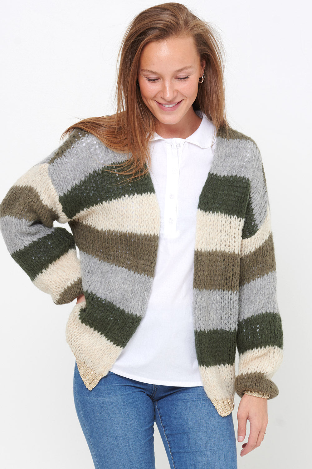 Kala Knit Cardigan Wool Army/beige Stripes 5
