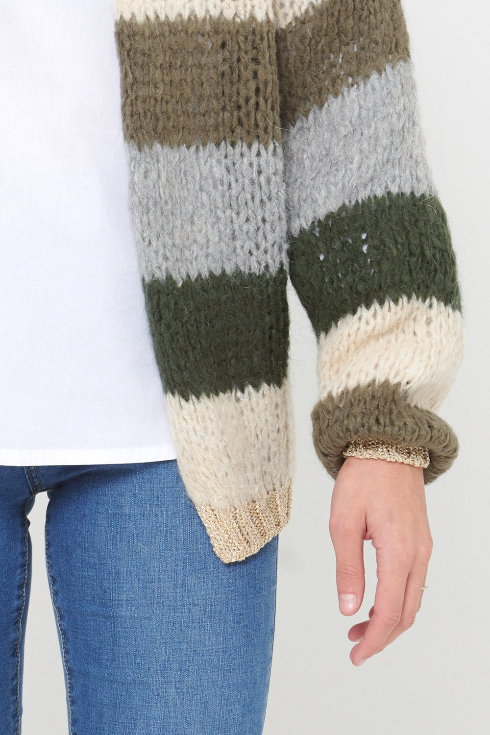 Kala Knit Cardigan Wool Army/beige Stripes 5
