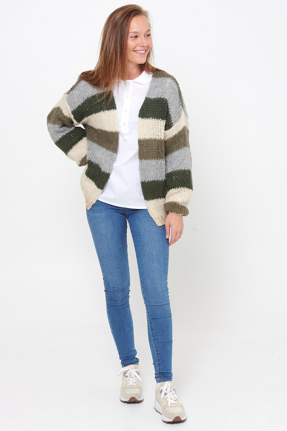 Kala Knit Cardigan Wool Army/beige Stripes 5