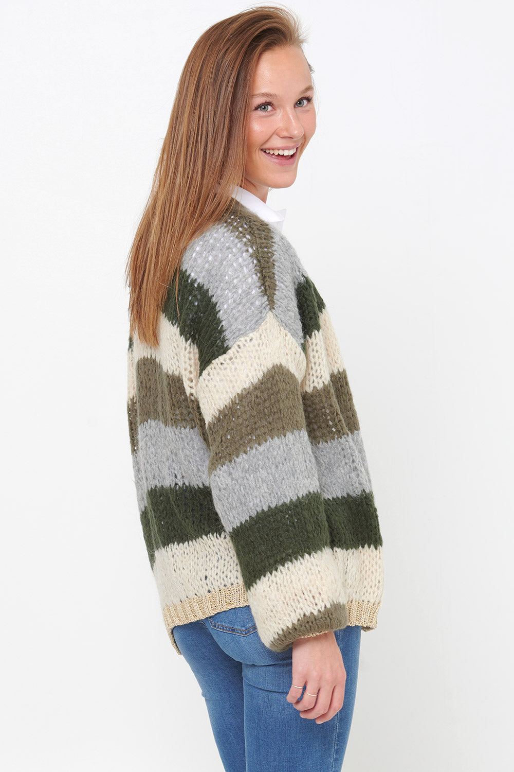 Kala Knit Cardigan Wool Army/beige Stripes 5