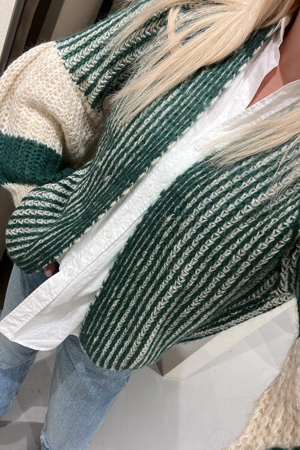 Liana Knit Cardigan Beige/Bottle Green