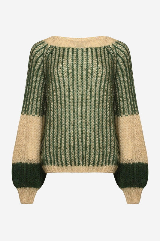 Noellas Liana Knit Sweater Beige/Bottle Green. Køb Striktrøjer hos www.noellafashion.dk
