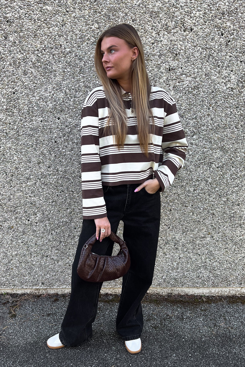 Lynlee Polo Brown Offwhite Stripe Cropped