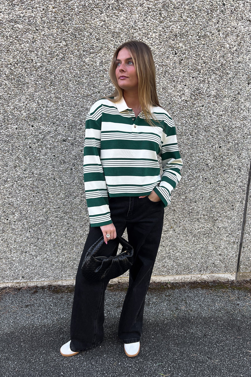 Lynlee Polo Green Offwhite Stripe Cropped