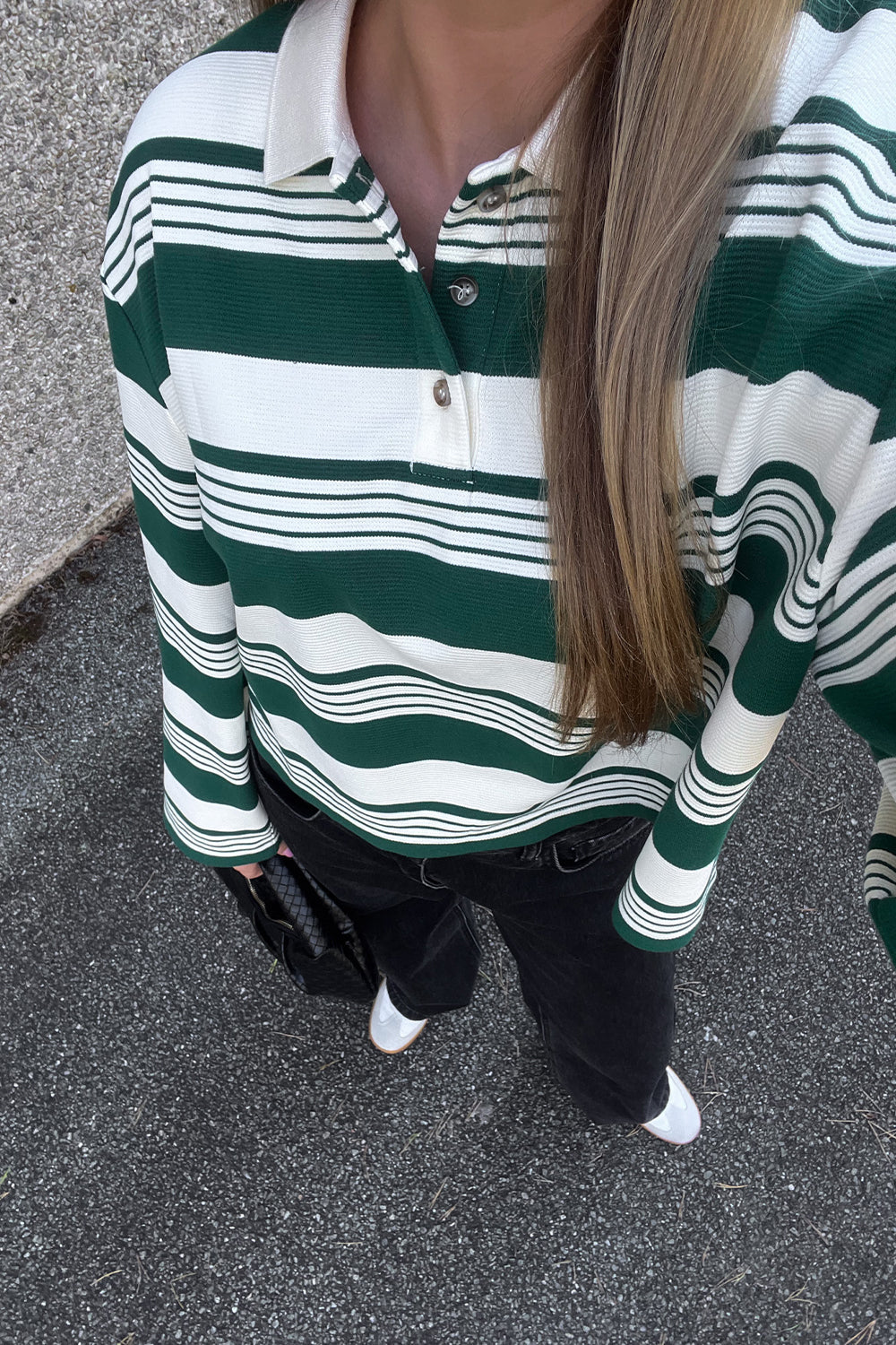 Lynlee Polo Green Offwhite Stripe Cropped