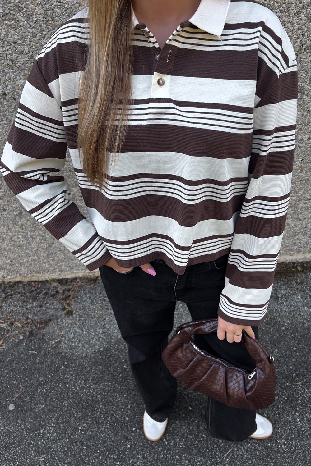 Lynlee Polo Brown Offwhite Stripe Cropped