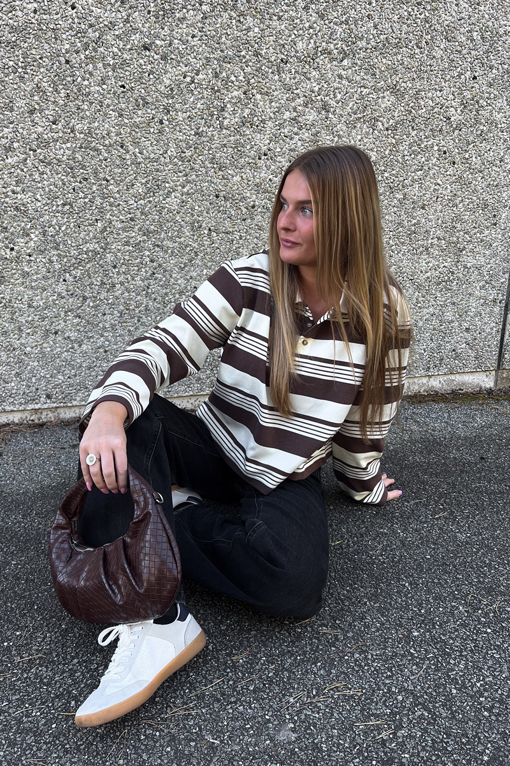 Lynlee Polo Brown Offwhite Stripe Cropped