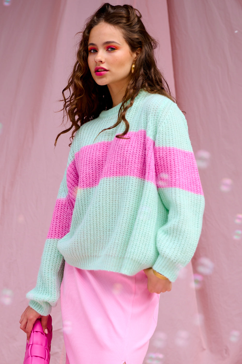 Noellas Mia Knit Sweater Mint/pink mix. Køb Striktrøjer hos www.noellafashion.dk