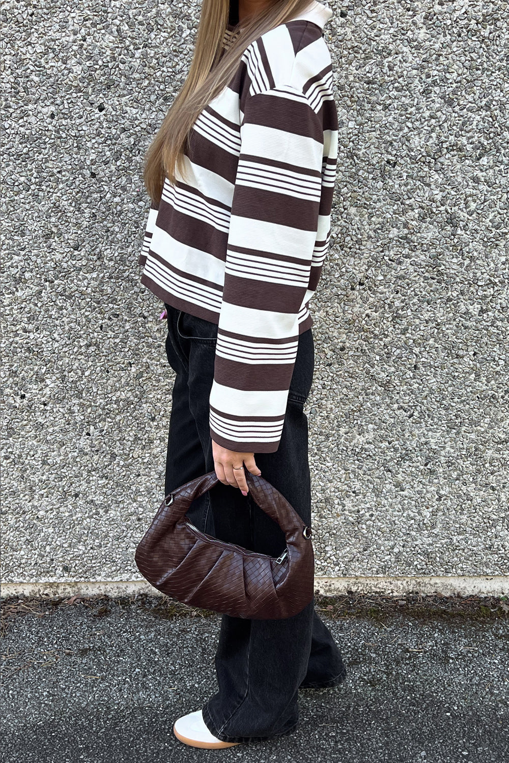 Lynlee Polo Brown Offwhite Stripe Cropped