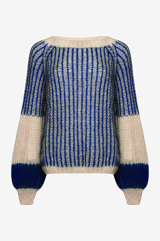 Noellas Liana Knit Sweater Cream/Cobalt Blue. Køb Striktrøjer hos www.noellafashion.dk