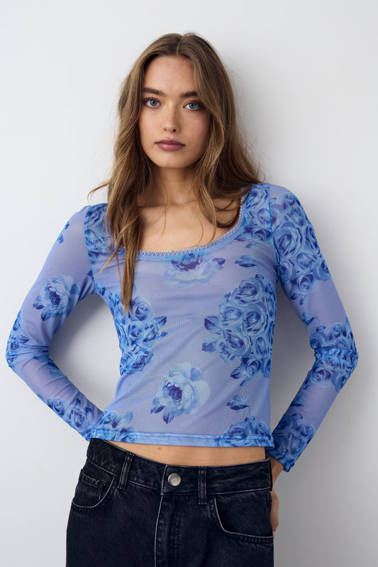 Noellas Kilea Top LS Tobi Blue Print. Køb Bluser hos www.noellafashion.dk