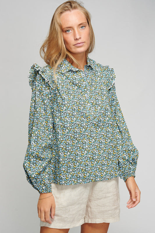 Tilla Blouse Cotton Poplin Blue Flower