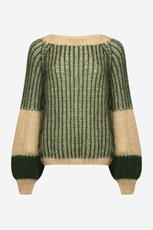 Noellas Liana Knit Sweater Beige/Bottle Green. Køb Striktrøjer hos www.noellafashion.dk