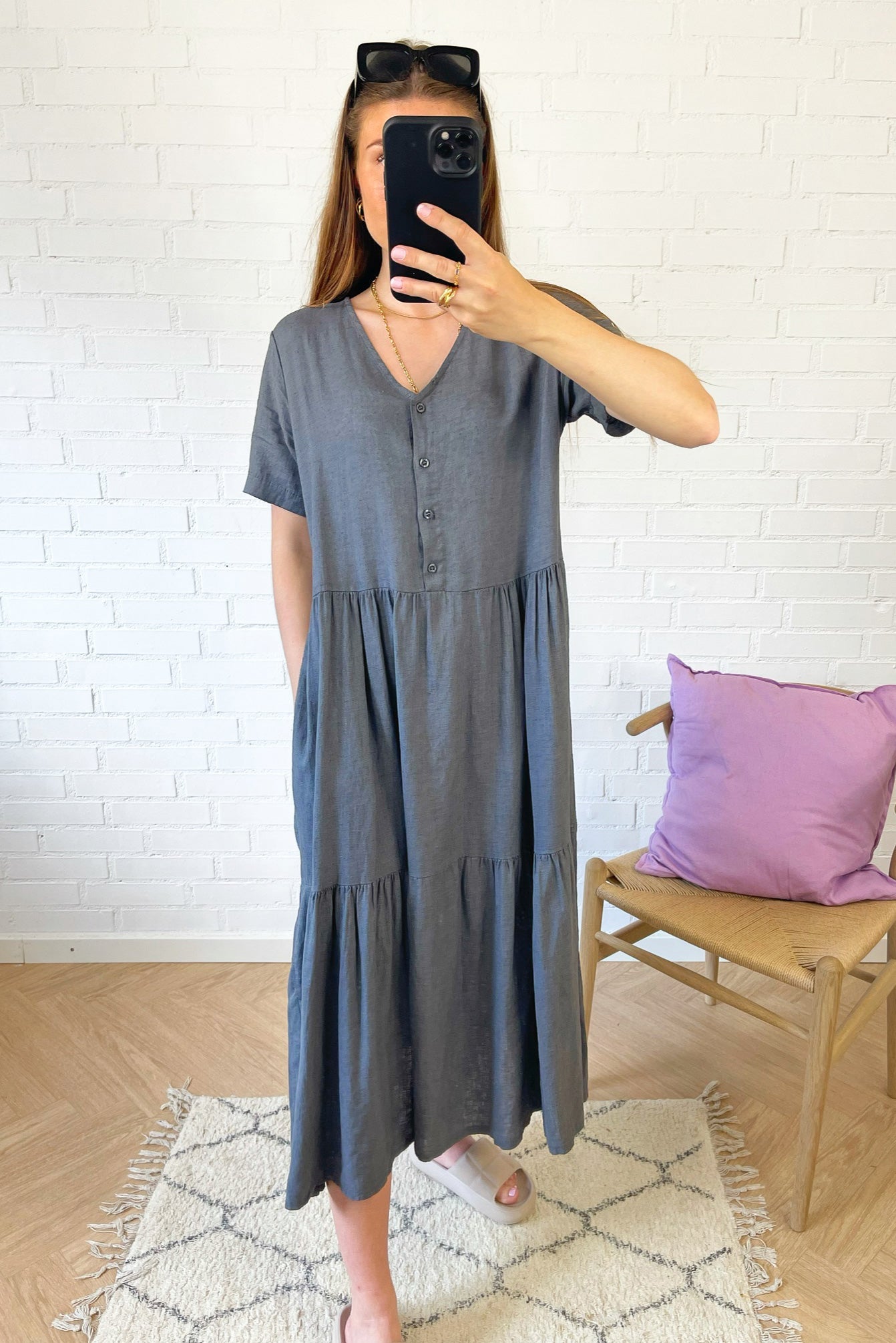 Lipe V-neck ss Linen Mix Antracit