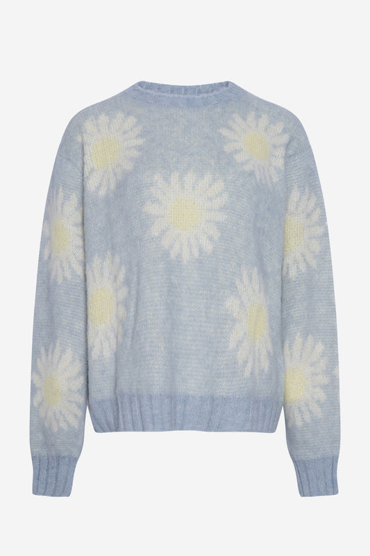 Noellas Raya Knit Sweater L/S Light Blue/Offwhite Flower. Køb Striktrøjer hos www.noellafashion.dk