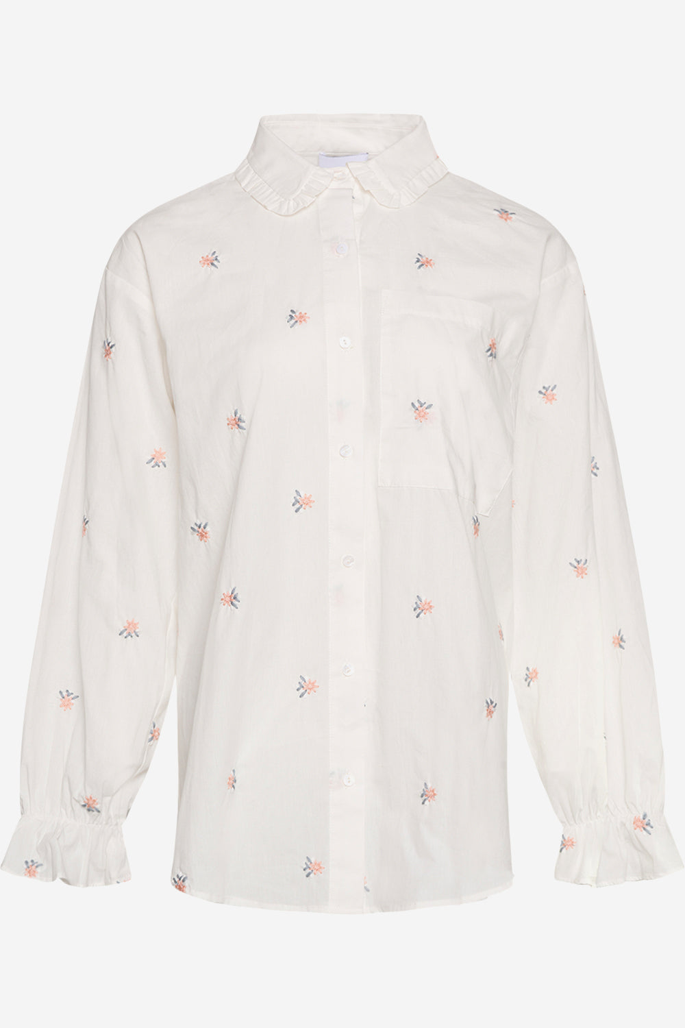 Noellas Roberta Frill Shirt White Embroidery. Køb Skjorter hos www.noellafashion.dk