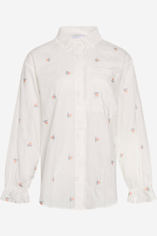 Noellas Roberta Frill Shirt White Embroidery. Køb Skjorter hos www.noellafashion.dk